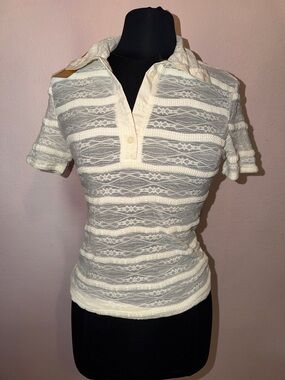 Ivory Lace Knit Short Sleeve Polo Top